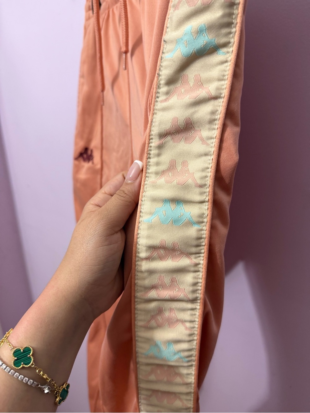 Kappa Peach Track Pants with Beige Logo Tape and Pastel Accents